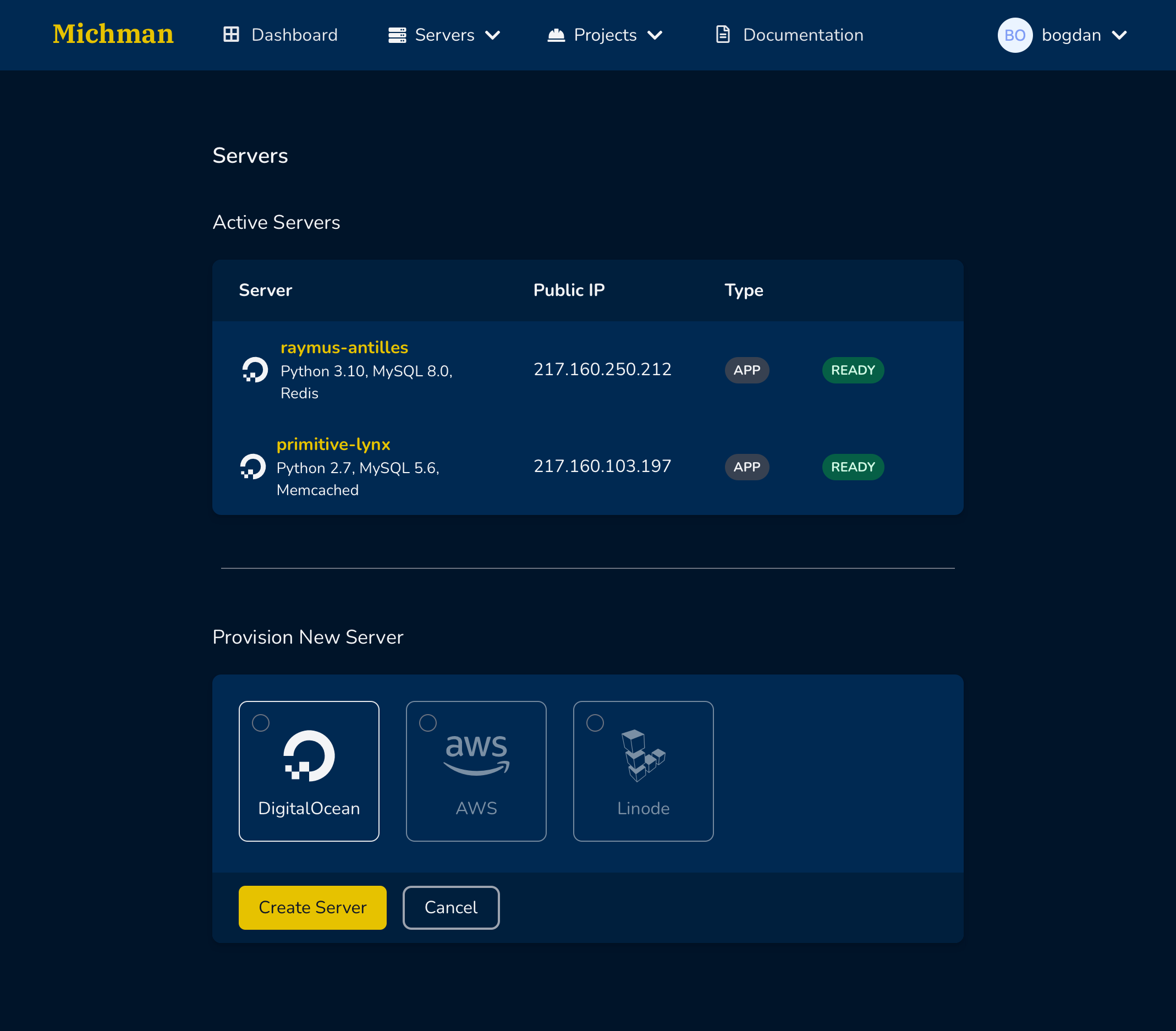 Michman dashboard screenshot
